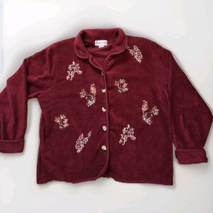 VTG Bonnie Evans Fleece Button Up Shacket Cardigan Red Embroidered Sz L EUC